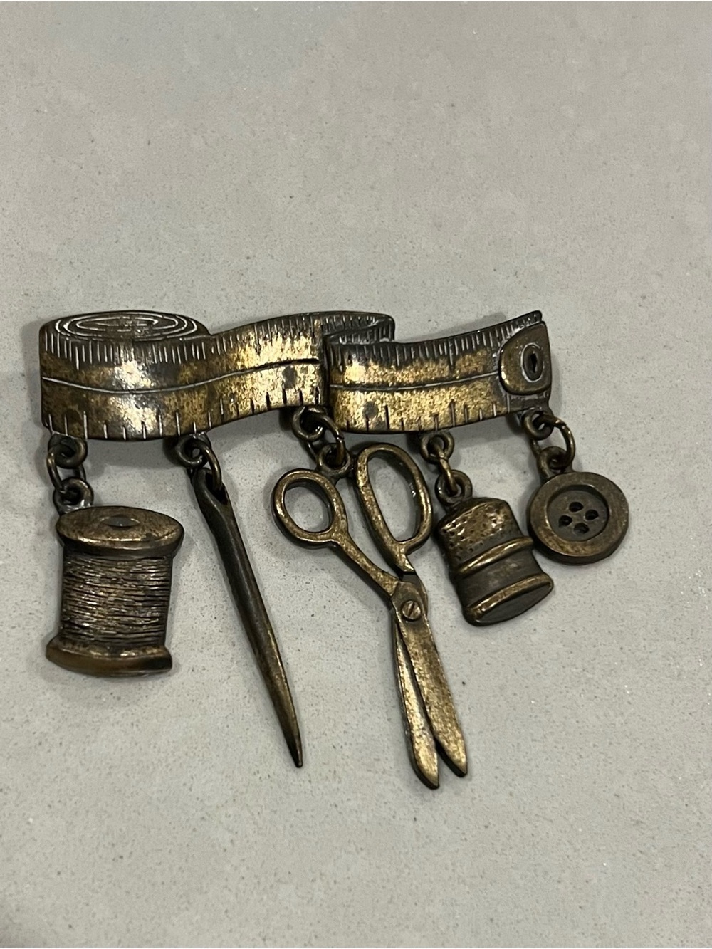 Vintage  Brass Sewing Tools Charm Brooch - Brass finish